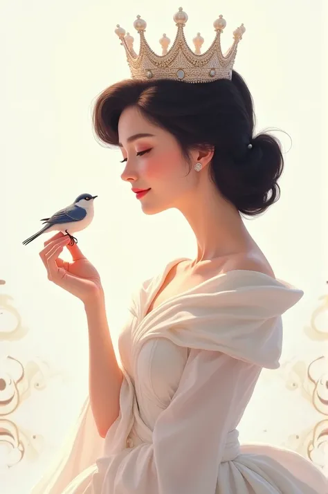 A movie poster, with a queen of hair and a white dress, with a sweet and friendly face, a white crown with pearl details on the head, with a little bird in her hand and a white background behind her