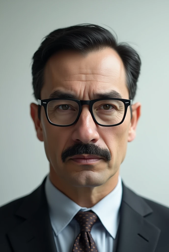 white male, stark, short black hair, with glasses and only a mustache and no beard
