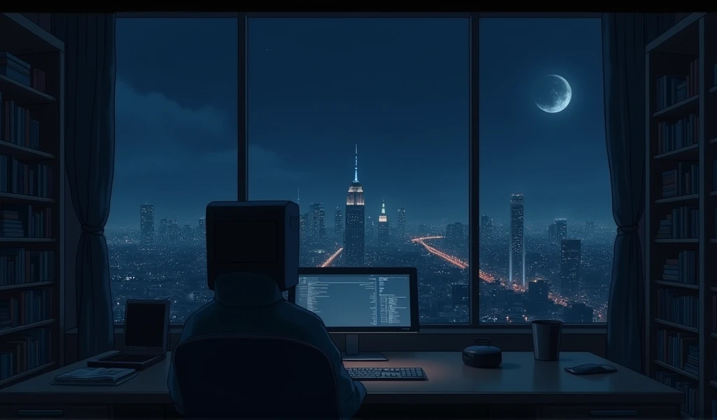 evening, 2D Style Anime, Lo-Fi, hard disk, Dark Environment、A high-end desktop PC that is always on、unmanned、large room、View of the city from the window、Bookshelf、