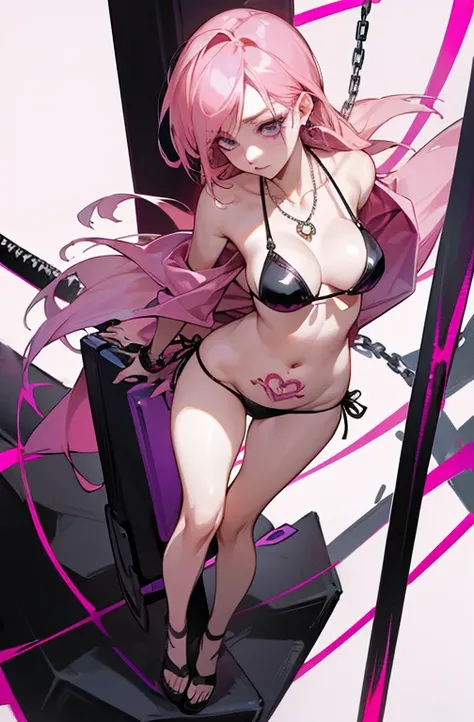 Cool women、sexy、Center of chest、Rize from Chainsaw Man、beauty、Yandere、、Face close-up、Chest tattoo、Christian Dior Necklace、(Swimwear)、((Pink Hair)).((Full Body)).(Goth)、