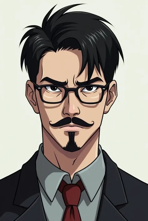 white male, nya, stark, short black hair, with glasses and only a mustache and no beard
