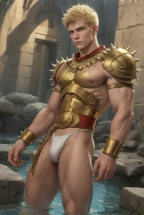 Male greco-roman. Muscular build. Orange eyes. Spiky short hair. Spiky degraphed short hair. Pale blond. Pale blond hair. Masculine face, manly face. Wears a golden roman cuirass. Red sashes. Big golden belt. Wears golden swim briefs. Gold low-rise speedo....