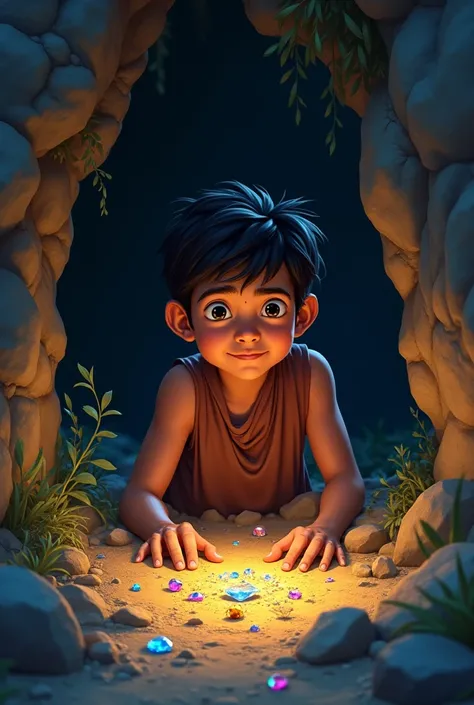 Depict a young, poor boy named Ravi discovering a small cave on an old piece of land. Inside the cave, Ravi finds a collection of old gemstones, including diamonds and pearls, partially buried in the earth. The cave is dimly lit, with a soft, mystical ligh...