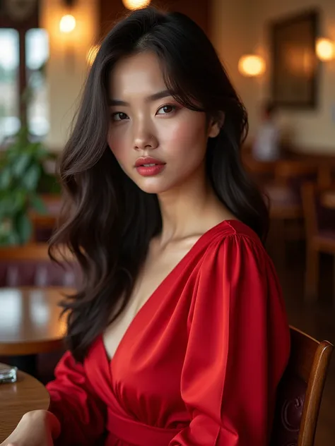 Front view, Beautiful woman wearing a red dress, sitting in cafe, UHD, ultra-quality, ultra-detailed, ultra-resolution, 16K