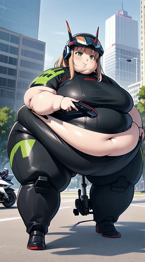 Highest image quality, outstanding details, ultra-high resolution, the best illustration, favor details, highly condensed obese 1girl, with a delicate and beautiful fat face, obese body, dressed in a black and green mecha, wearing a mecha helmet, holding a...