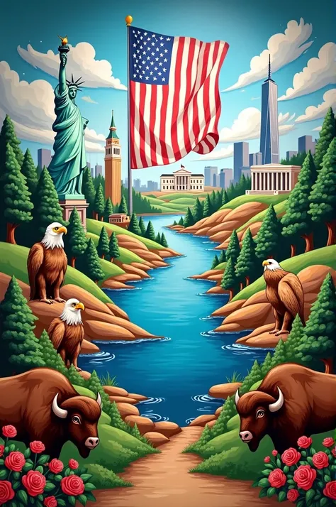 A 2d and cartoon mural of the United States that has:The statue of Liberty,The White House, el empire state, el one world trade center,The Grand Canyon,yellowstone lake,the bison,the bald eagle,the oaks ,the roses, with the flag in the middle