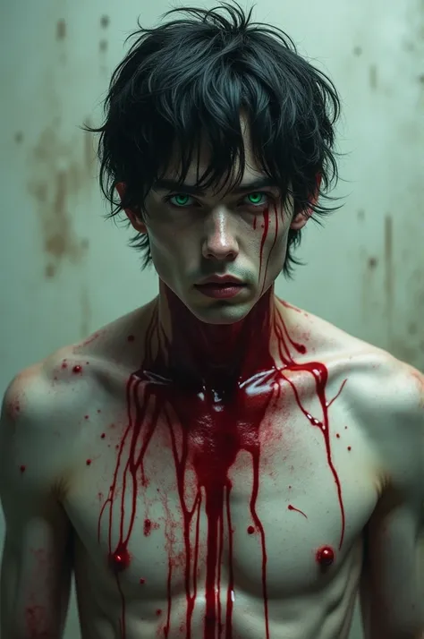 Create one man, white, black hair, green eyes, with blood on body