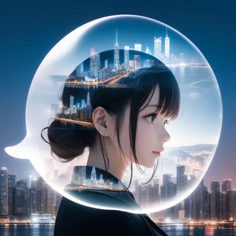 Double Exposure Style,a city skyline on the woman face,double image ghost effect,image combination,double exposure style,1girl,, (masterpiece,best quality,ultra-detailed,very aesthetic, absurdres)