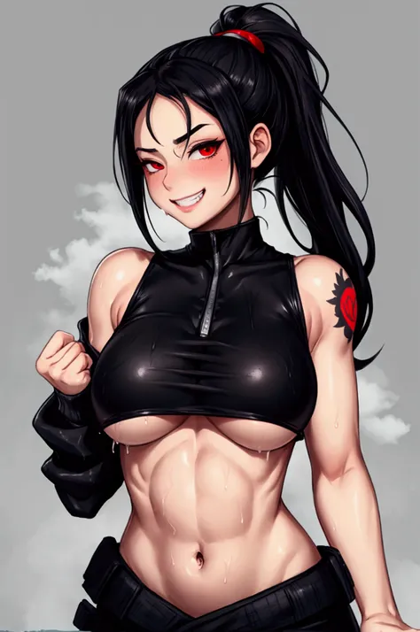 (masterpiece, official art), 1girl, black hair, red eyes, akali, ponytail, (underboob), crop top, ninja, tattoo, (wet), (upper body), (closeup), (large breasts), rain, looking at viewer, grin, seductive, blush, alluring attire, (closeup), (hands behind bac...