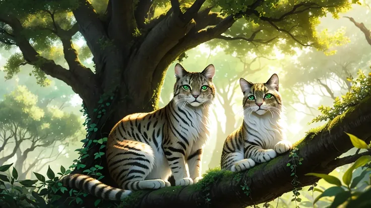 (Best quality, 8k, 32k, Masterpiece, UHD:1.2),Amidst a verdant glade, where towering trees stood tall, A curious sight unfolded, an enchanting spectacle to behold. In a miniature tree, so delicate and small, Crouched a majestic feline, a gentle giant enthr...