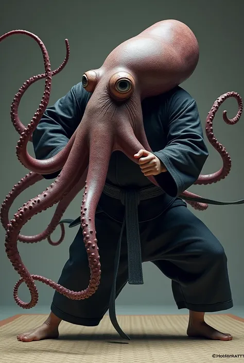 Colossal squid wearing a jiu-jitsu kimono, fighting on a mat