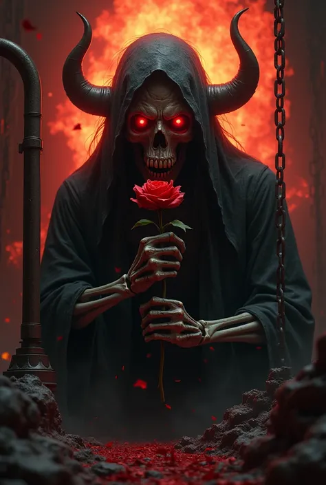 skull, Red rose, fire, piston, chain, Logo, demon hour, moto