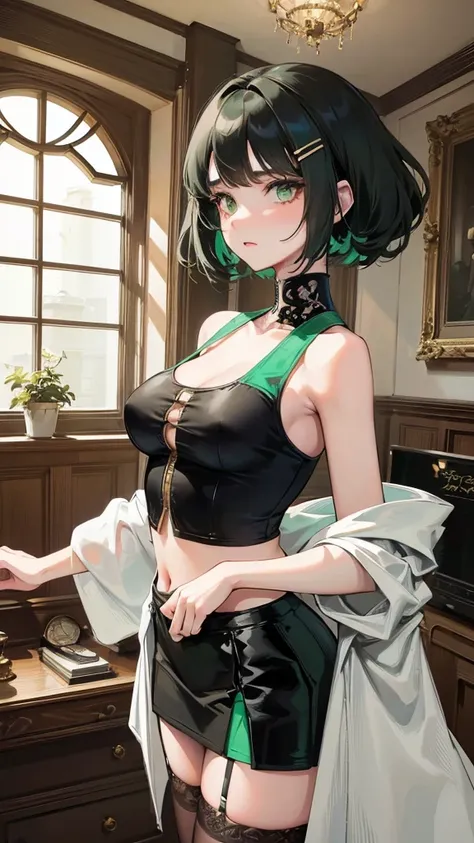 1 girl, anime, high quality, intricate details, black hair, fluffy hair, short hair, elegant, futuristic setting, stockings, green streaks in hair, stoic expression, curvy build, confident pose, mansion, indoors, hairclips, light green eyes, black hair, cr...