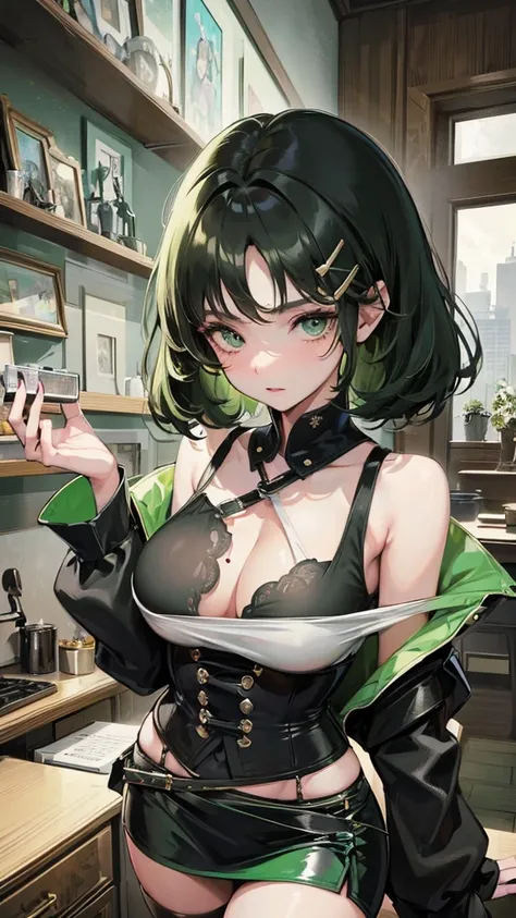 1 girl, anime, high quality, intricate details, black hair, fluffy hair, short hair, elegant, futuristic setting, stockings, green streaks in hair, stoic expression, curvy build, confident pose, mansion, indoors, hairclips, light green eyes, black hair, cr...