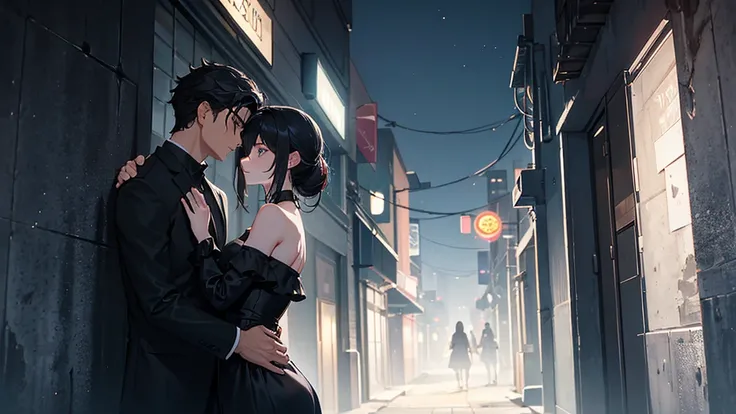 A dimly lit urban alleyway at night, where a couple stands close together, partially hidden in the shadows. The woman has a sensual, soft expression, wearing a sleek, black dress that clings to her figure, with wavy hair cascading over her shoulders. The m...