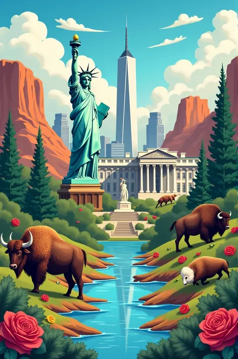 A 2d and cartoon mural of the United States that has:The statue of Liberty,The White House, el empire state, el one world trade center,The Grand Canyon,yellowstone,the bison,the bald eagle,the oaks and the roses IN HORIZONTAL