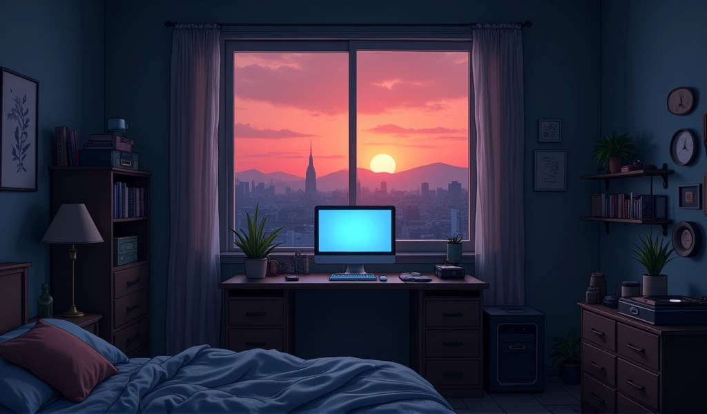 evening, 2D Style Anime, Lo-Fi, hard disk, Dark Environment、Desktop PC、unmanned、large room、View of the city from the window、bed、Sunset、Record player、Ghibli style