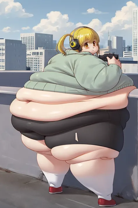 masterpiece, 4k, best_quality, 1girl, solo, fat super pochaco, blonde hair, plump, thick thighs, fat belly, big butt, sweater, c...