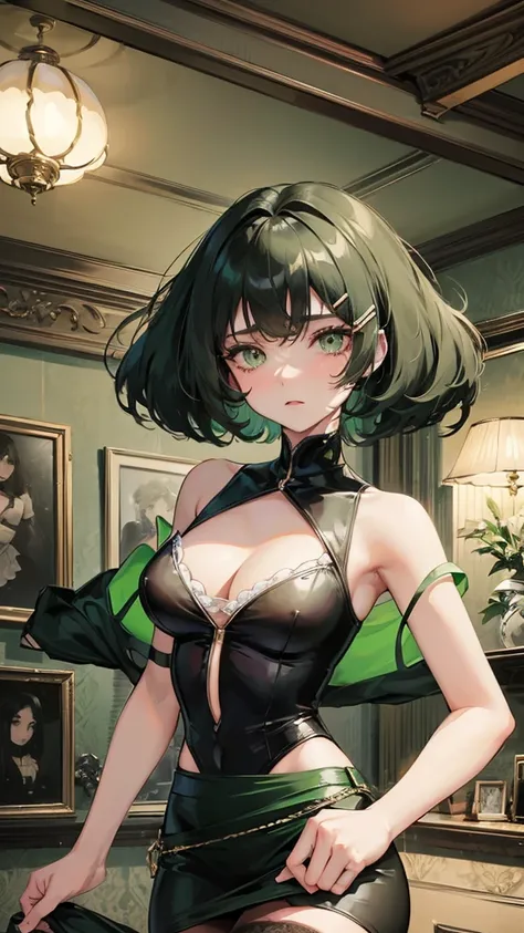 1 girl, anime, high quality, intricate details, black hair, fluffy hair, short hair, elegant, futuristic setting, stockings, green streaks in hair, stoic expression, curvy build, confident pose, mansion, indoors, hairclips, light green eyes, black hair, cr...