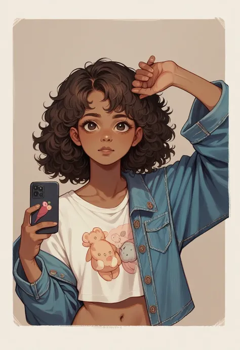 Hiper realistic and natural picture, girl taking a selfie in the mirror, Curly hair, Little hair and no volume , brown skin, oversized outfits, oversized aesthetic outfits, Denim jacket and cropped shirt, modest style, natural photo