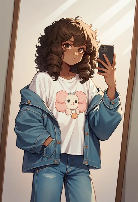 Hiper realistic and natural picture, girl taking a selfie in the mirror, Curly hair, Little hair and no volume , brown skin, oversized outfits, oversized aesthetic outfits, Denim jacket and cropped shirt, modest style, natural photo