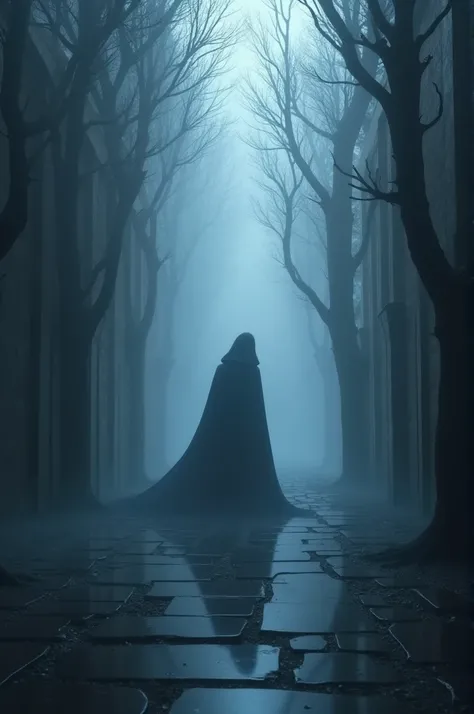 Prompt: "Design a cover for the song Verloren im Nebel. The artwork should feature a dark, atmospheric scene with a shadowy labyrinth and a figure lost in the mist. Incorporate elements like swirling shadows and reflective mirrors. Use deep blues and purpl...