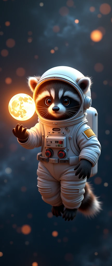 A captivating 3D rendering of an adorable, Extra fluffy baby raccoon transformed into a realistic astronaut, floating alone in the vastness, dark expanse of space. The raccoon is dressed in a fancy space suit., staring at a small, Vibrant image of moon sus...