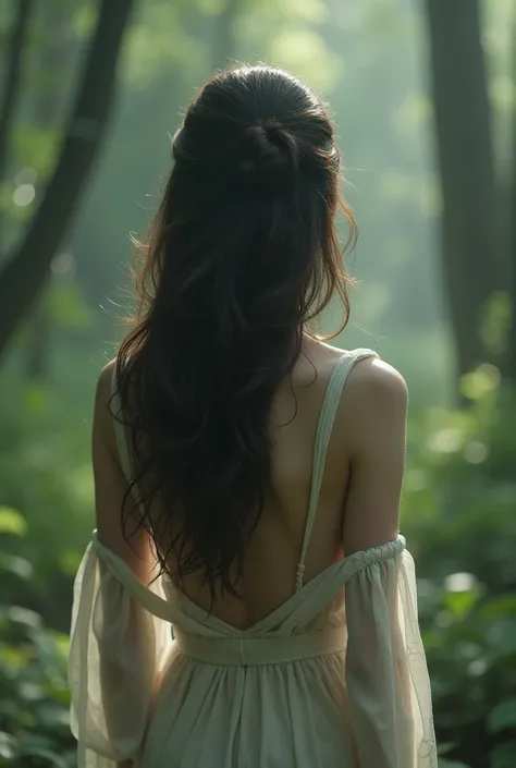 Girl with her back turned without her face being seen, with hair below the shoulders and white skin