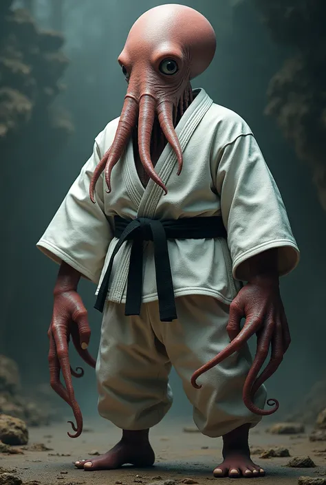 Colossal humanoid squid wearing a jiu-jitsu kimono holding a black belt around his waist 