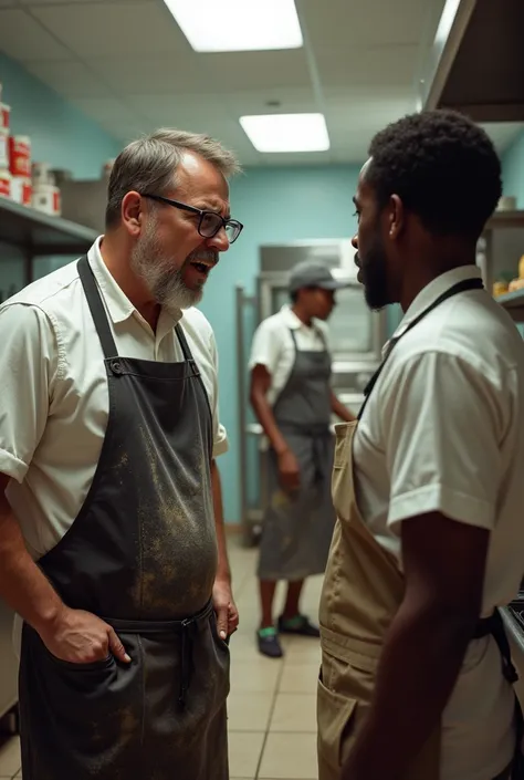 Angry baker with glasses and dumb worker and African woman cleaning