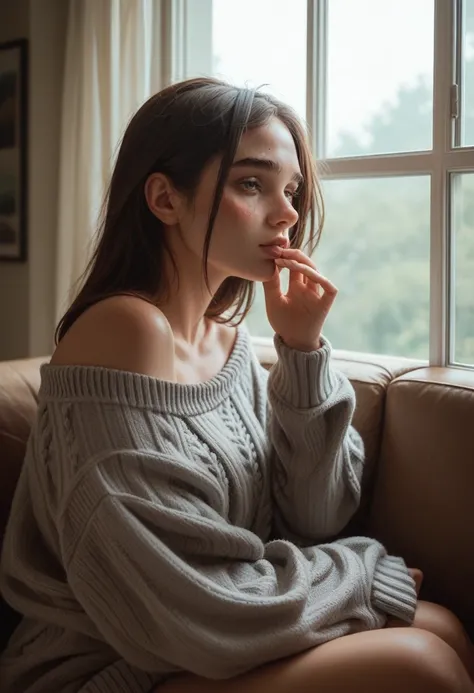 sexy woman, perfect hair, Stunning make-up, seductive look, blushing deeply, ready to kiss, long oversized sweater, sitting comfortably on the sofa, window, natural light beaming through window, Beautiful face, looking at us seductively, very seductively p...