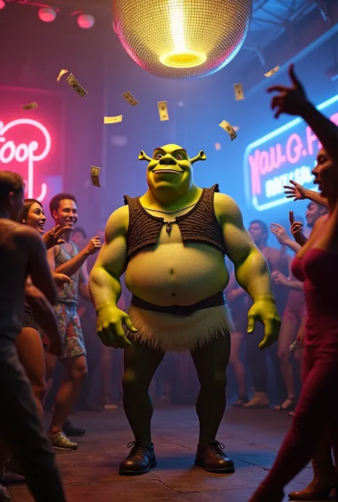 Sherk with his penis out doing the helicopter in a gay bar and they throw dollars at him 
