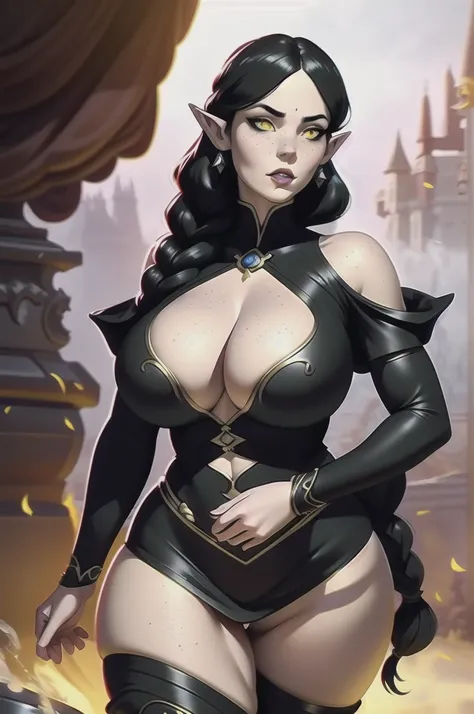 a beautiful elf princess, long black braided hair, bangs covering left eye, pointed ears, yellow eyes, freckles, thin lips, round face, wearing dark necromancer outfit, sensual gloomy attire, large breasts with cleavage, wide hips, thick thighs, knee-high ...