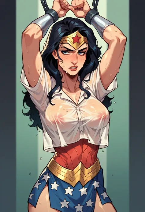 Wonder woman, chained, sweaty, transparent blouse, blouse clinging to her body
