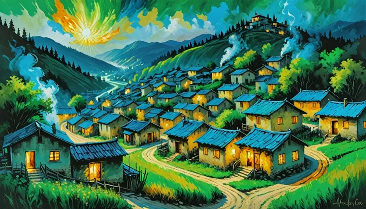 (best quality, masterpiece:1.2), a painting of a village covered in green, blue and golden flames, exquisite, painterly, realist...