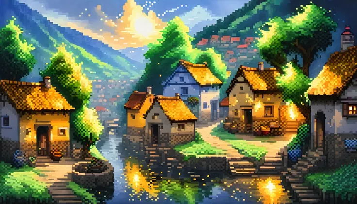 (best quality, masterpiece:1.2), A pixel art painting of a village covered in green, blue and golden flames, exquisite, painterly, realistic painting, light painting, beautiful, breathtaking
