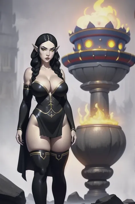 a beautiful elf princess, long black braided hair, bangs covering left eye, pointed ears, yellow eyes, freckles, thin lips, round face, wearing dark necromancer outfit, sensual gloomy attire, large breasts with cleavage, wide hips, thick thighs, knee-high ...