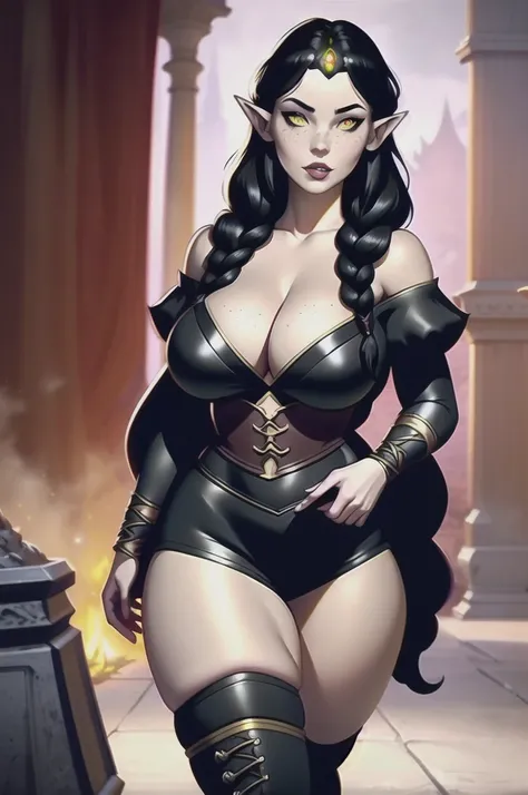 a beautiful elf princess, long black braided hair, bangs covering left eye, pointed ears, yellow eyes, freckles, thin lips, round face, wearing dark necromancer outfit, sensual gloomy attire, large breasts with cleavage, wide hips, thick thighs, knee-high ...