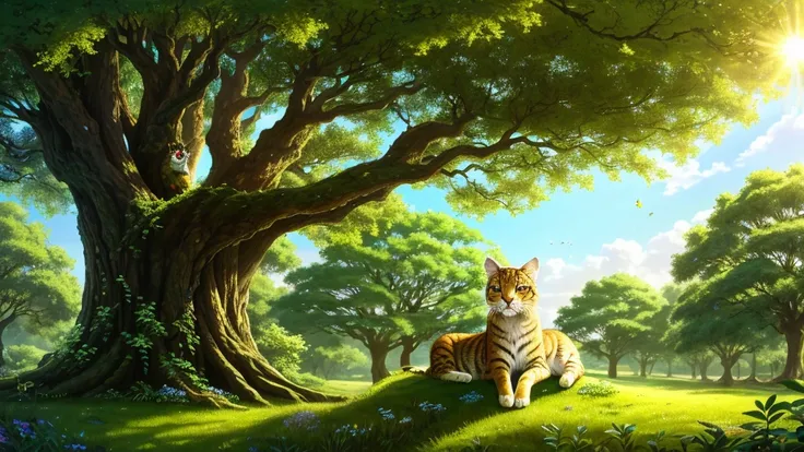 (Best quality, 8k, 32k, Masterpiece, UHD:1.2),Amidst a verdant glade, where towering trees stood tall, A curious sight unfolded, an enchanting spectacle to behold. In a miniature tree, so delicate and small, Crouched a majestic feline, a gentle giant enthr...