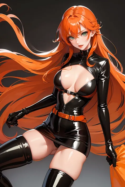 long orange hair, green eyes, large cleavage, red lipstick, black latex boots