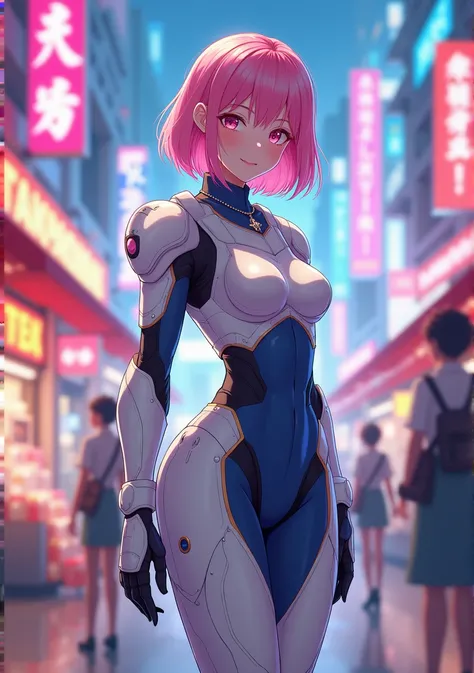 transgender girl, waist up, ssmile, beautiful lighting, deep shadow, best qualityer, Masterpiece artwork, ultra high resolution, アニメ, space armor, standing alone, neckleace, Detailed beauty. face perfect, pink eyes, pink hair, big hair, perfect female body...