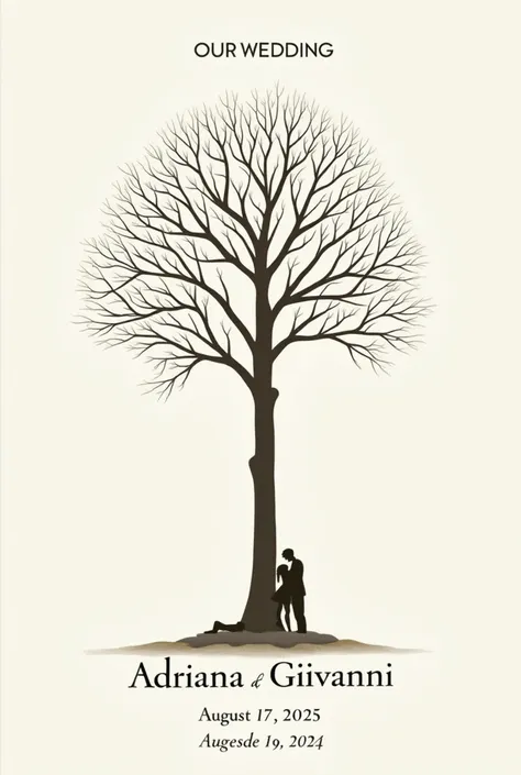 "Create an image of an elegant tree without leaves or flowers with a plain background, Clear. The tree should include the names &#39;Adriana&#39; and &#39;Giovanni&#39; prominently displayed at the base of the tree. On the bottom, Add the text &#39;August ...