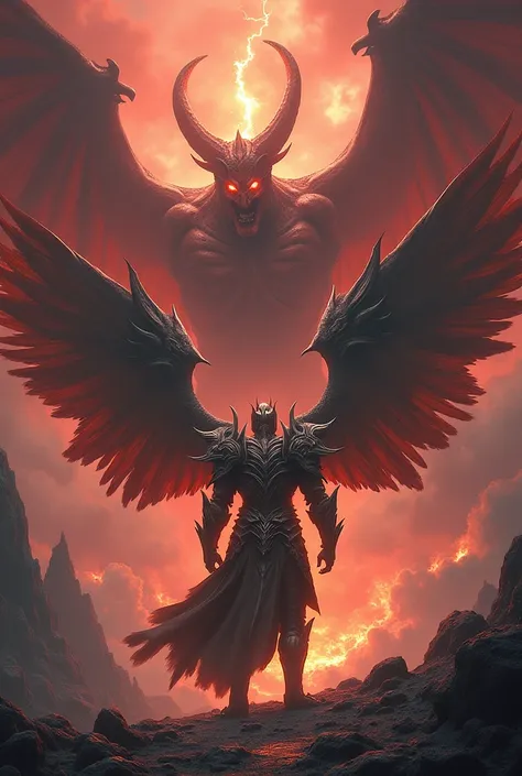 A warrior with armor and huge wings fights the demon 