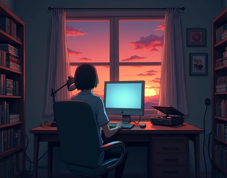 evening, 2D Style Anime, Lo-Fi, hard disk, Dark Environment、Desktop PC、unmanned、Private room、window、Bookshelf、Sunset、Record player、Ghibli style、Retro、For youtube banners