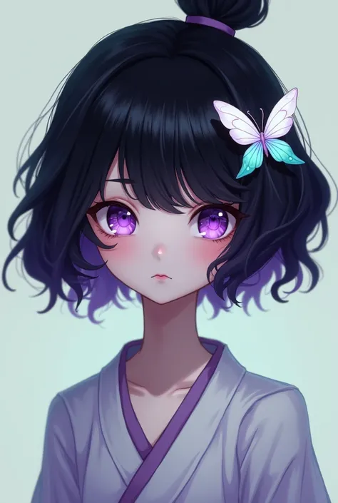 Shinobu is a small young woman with a slender, short build and rather pale skin.. She has big eyes that have no pupils, just a haze of gradient purple, making their eyes look insect-like. She has very short black wavy hair that fades to dark purple at the ...