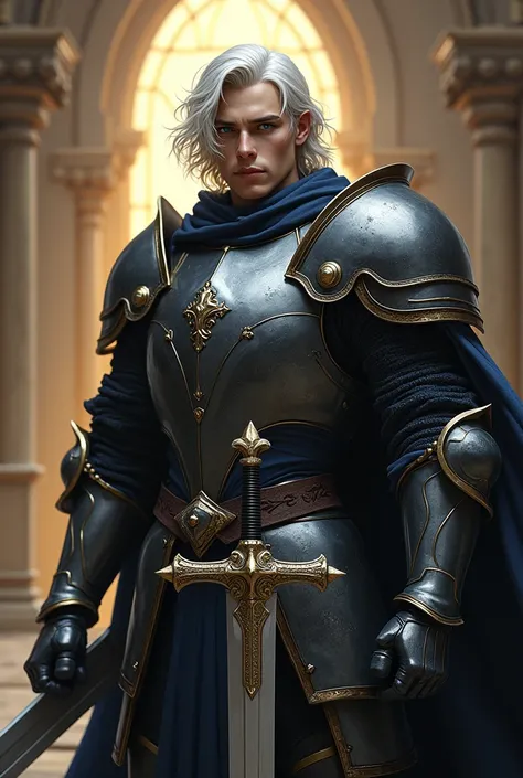 (photorealism:1.2), Paladin , young Men, wearing dark grey light armor with black details, blue eyes, medium white hair, RPG, D&d, holding a sword,  powerd pose, realistic, intricate details, warm colors, by Greg Rutkowski, by Alphonse Mucha