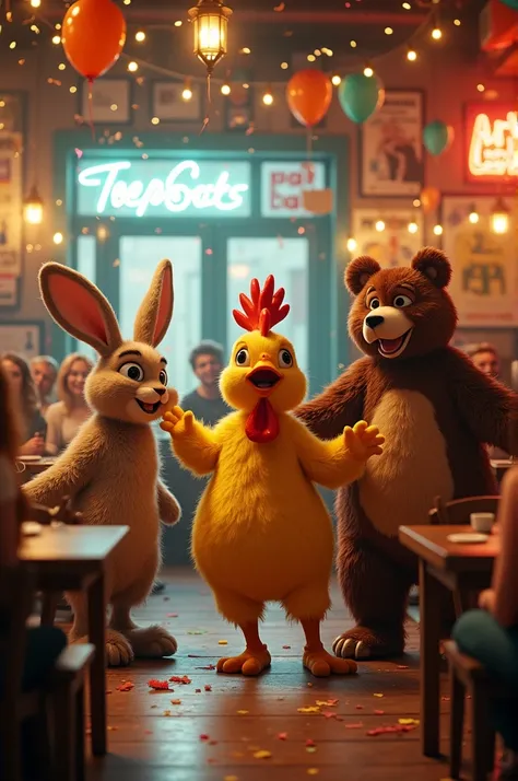 rabbit,Animatronic chicken and bear at a party singing in a pizzeria