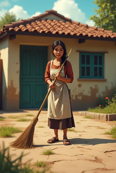 Latina woman sweeping in front of house 
