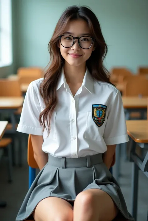 8K, masterpiece, ultra HD, intricate detailed, RAW photo, highly detailed, RAW photo, best quality, A beautiful  girl, 18 years, slightly smile, wearing school uniform, white open buttons shirt with school badges, arms up, small breast, ((grey mini skirt:1...