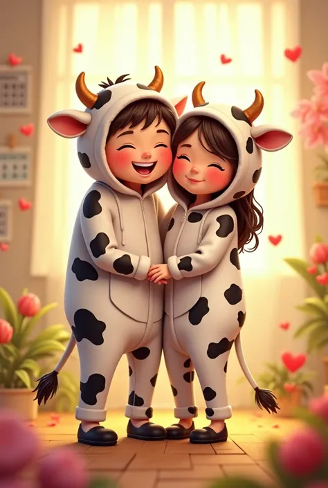 Chelsea and Daniel dressed as a cow together forever happy because they celebrate months as a couple 
